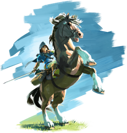 Link qui brandit une épée sur son cheval Epona